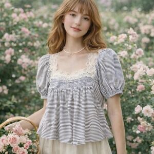 NWT Maeve Blue Stripe Lace Smocked Puff Sleeve Cottage Coquette peasant small